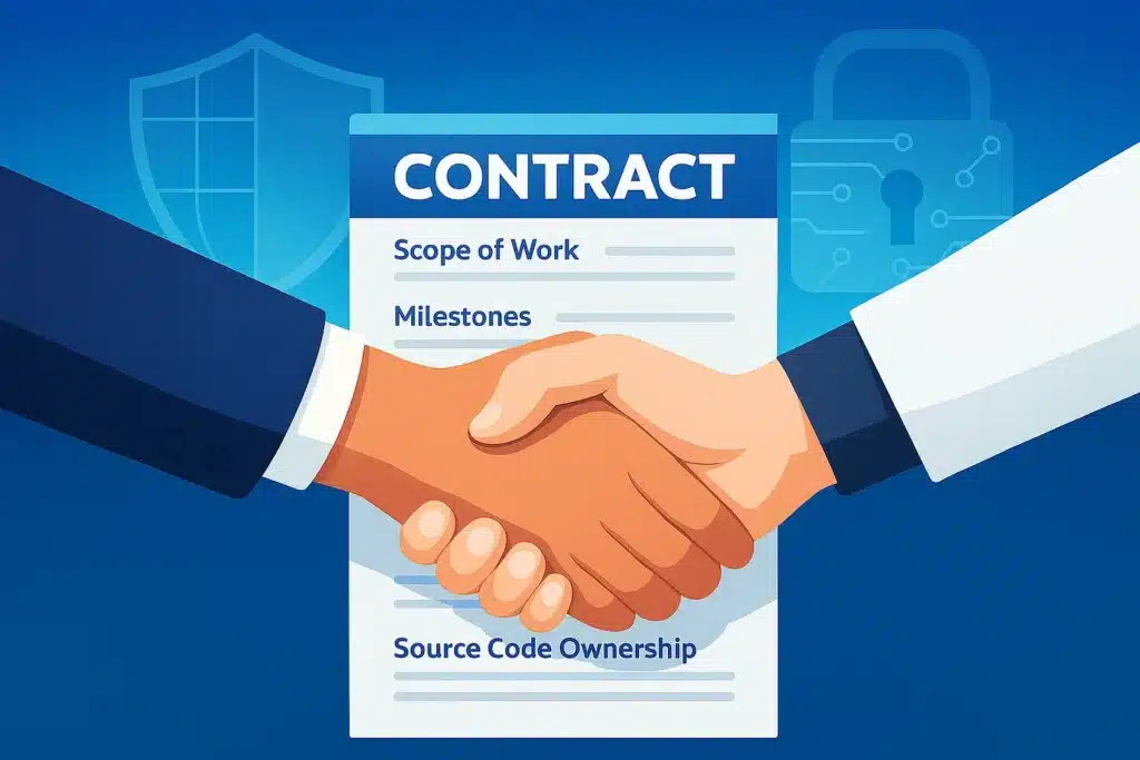 Jabat tangan profesional di atas kontrak aplikasi yang detail, melambangkan kerjasama yang aman dan transparan.