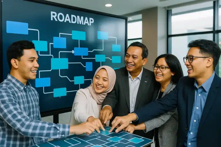 Sekelompok profesional Indonesia yang beragam dari berbagai level jabatan sedang bekerja sama menyusun roadmap transformasi digital di sebuah layar interaktif besar di dalam ruang rapat modern.