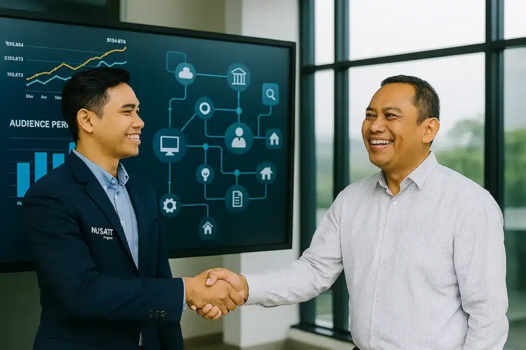 Seorang konsultan profesional dari Nusait.com berjabat tangan dengan seorang pemilik bisnis di Indonesia, menandakan sebuah kemitraan dan kepercayaan di dalam kantor modern.