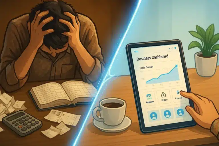 Ilustrasi perbandingan bisnis sebelum dan sesudah transformasi digital, dari proses manual yang rumit menjadi otomatis dan mudah dengan tablet.