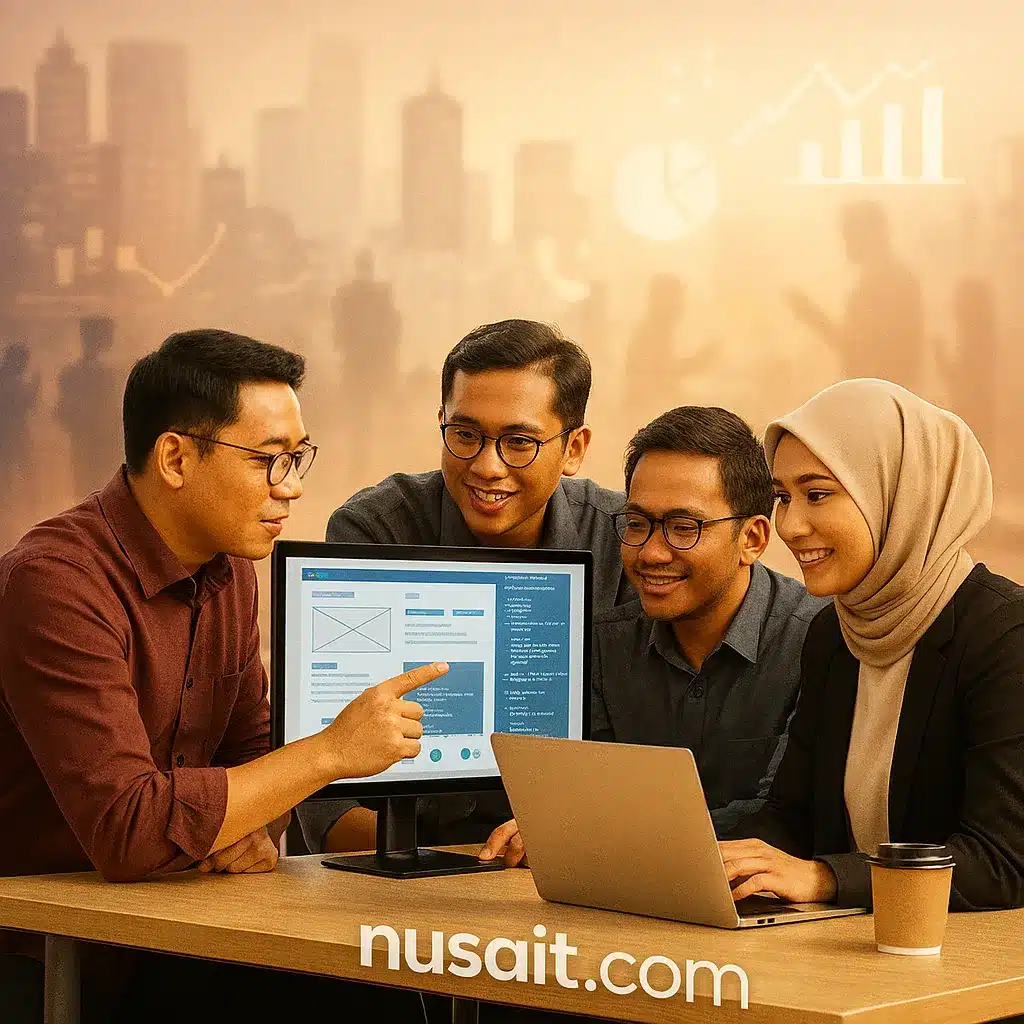 Foto tim ahli IT Nusait.com yang sedang berkolaborasi di kantor, merancang arsitektur aplikasi untuk solusi gerai digital yang ditampilkan di layar monitor.