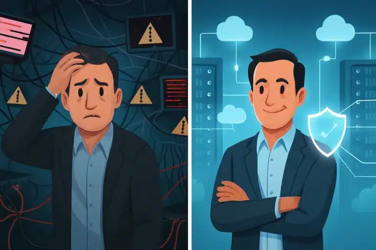 Ilustrasi perbandingan mengenai penjelasan audit sistem informasi adalah atas sistem IT berantakan sebelum audit dan sistem IT yang aman terorganisir setelah audit.