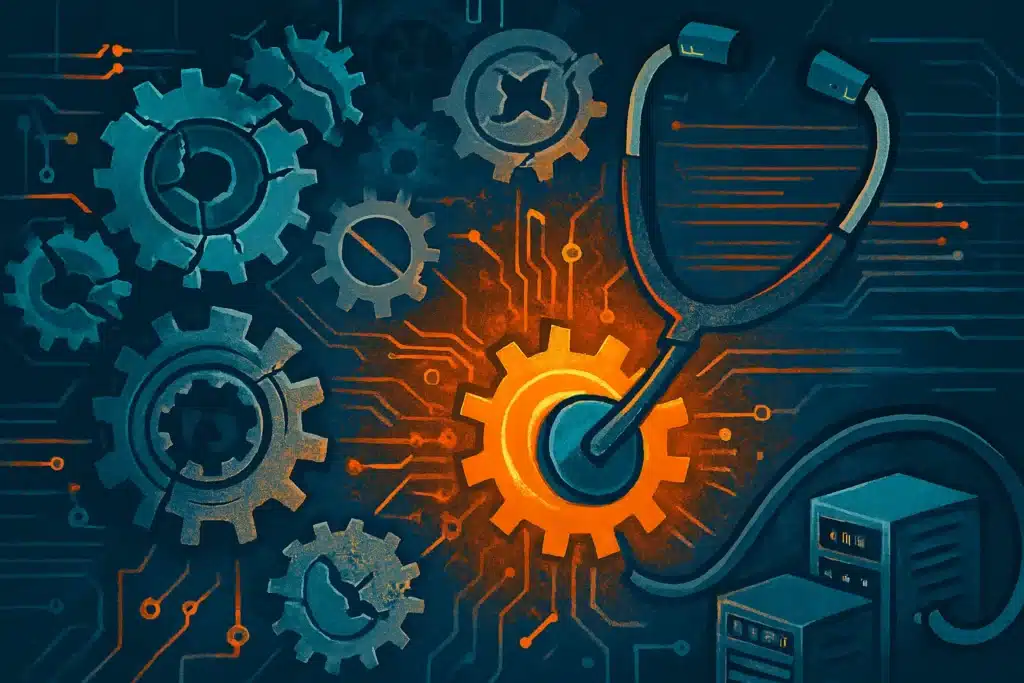 Rangkaian roda gigi digital yang sebagian macet dan berkarat, dengan sebuah alat diagnostik modern sedang memperbaiki satu bagian, sebagai analogi untuk audit kinerja sistem.