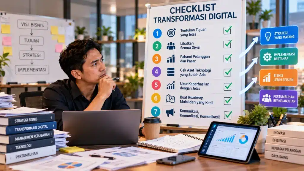 Checklist awal transformasi digital untuk bisnis yang menampilkan tujuh langkah persiapan mulai dari menentukan tujuan, membentuk tim, memahami pelanggan, audit teknologi, KPI, roadmap implementasi, hingga komunikasi perubahan.