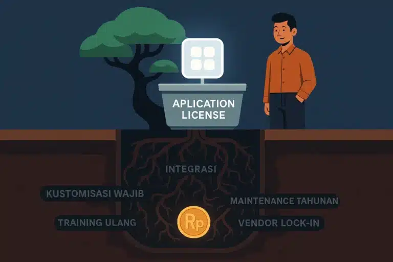 Ilustrasi jebakan Total Cost of Ownership aplikasi: akar biaya tersembunyi (integrasi, maintenance) di bawah pot aplikasi baru yang terlihat murah.