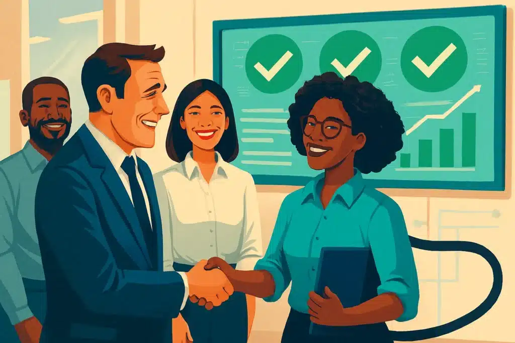 Tim auditor IT profesional berjabat tangan dengan seorang pemilik bisnis yang tersenyum lega di depan dashboard analitik yang menunjukkan metrik performa positif.