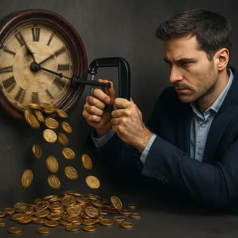 Ilustrasi seorang konsultan IT sedang menghentikan sebuah jam dinding yang berputar cepat dan menjatuhkan koin-koin uang, mencegah biaya kesalahan teknologi dan melambangkan penghematan biaya operasional.