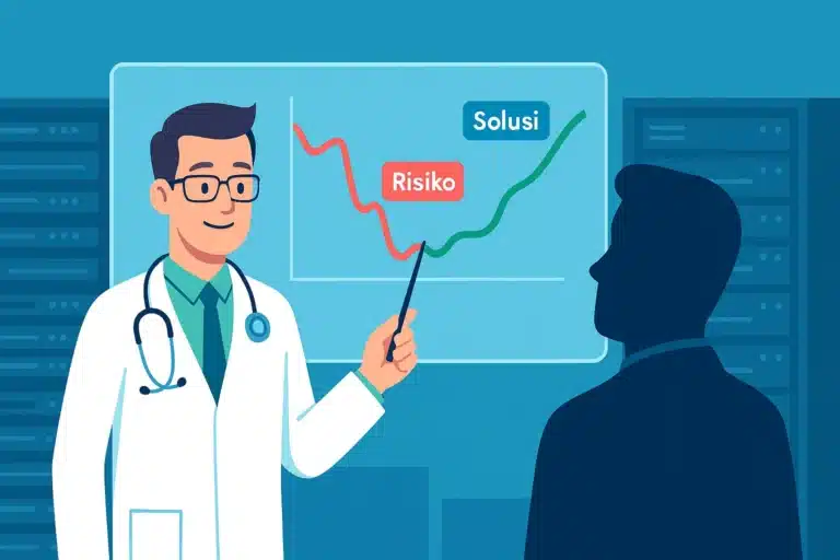 Ilustrasi auditor IT menjelaskan hasil program audit sistem informasi kepada klien, menunjukkan grafik solusi
