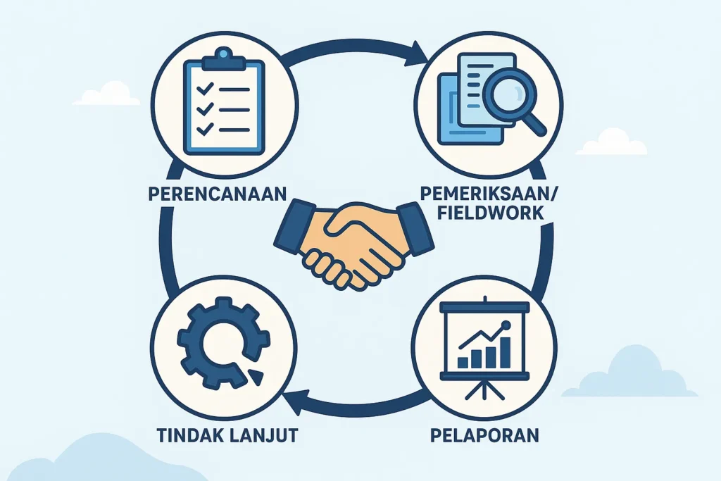 Infografis yang menunjukkan empat siklus utama dalam prosedur audit sistem informasi: Perencanaan, Pemeriksaan Lapangan, Pelaporan, dan Tindak Lanjut.
