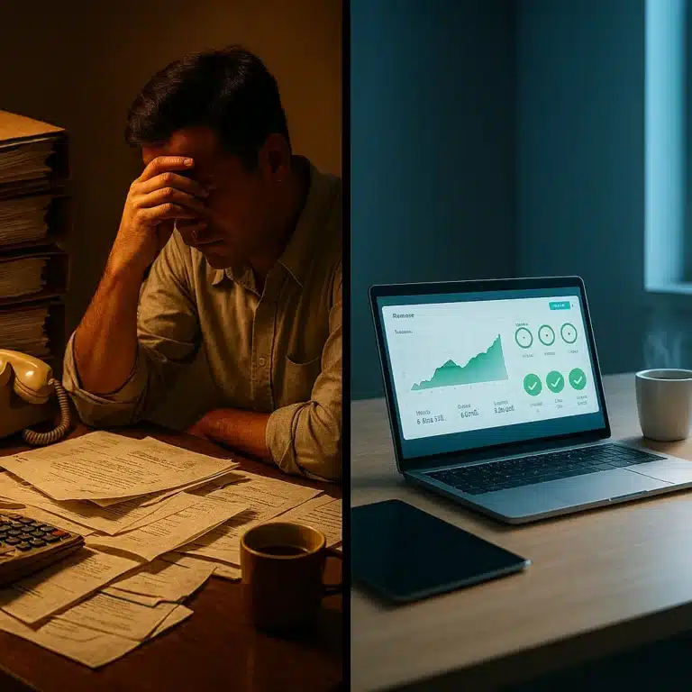 Ilustrasi Tantangan Transformasi Digital Di Indonesia. Kontras meja kerja penuh kertas simbol proses manual dengan meja kerja modern yang rapi berkat sistem digital.