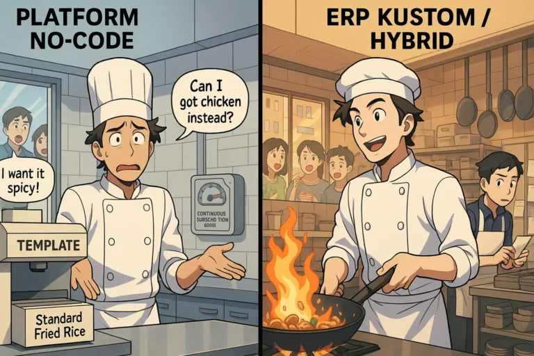 Ilustrasi perbandingan No-Code vs ERP Kustom menggunakan analogi dapur. Dapur No-Code kaku seperti pabrikan dan tidak bisa melayani permintaan unik, sementara dapur ERP Kustom fleksibel meracik 'resep rahasia' bisnis.