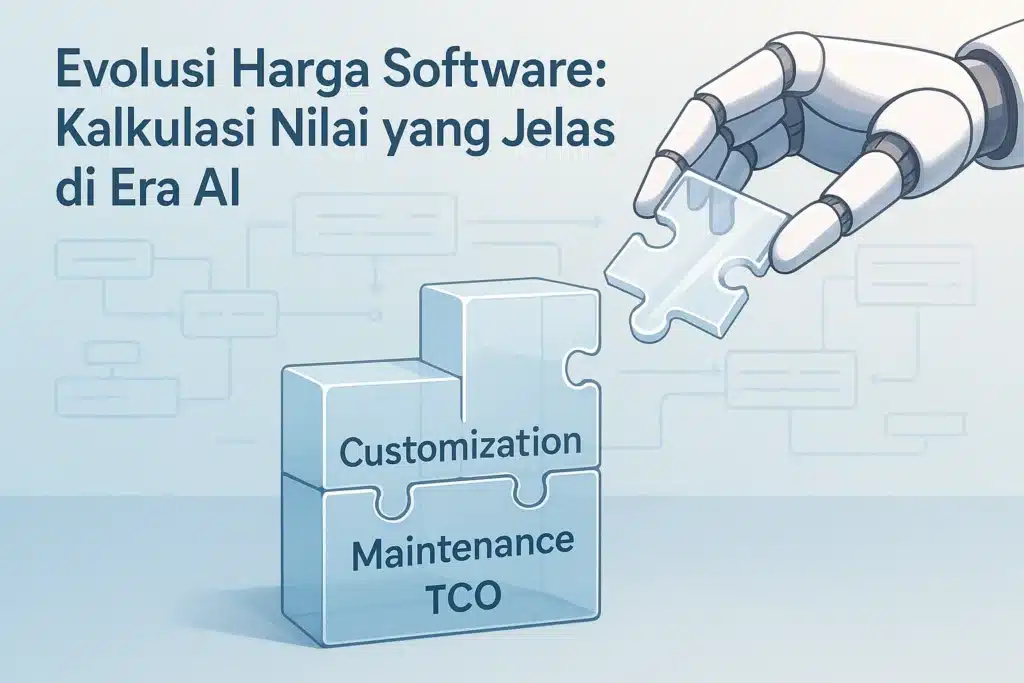 Infografis 3D minimalis tangan robotik menyusun kepingan puzzle transparan, merepresentasikan evolusi harga software berbasis data dan TCO yang jelas.