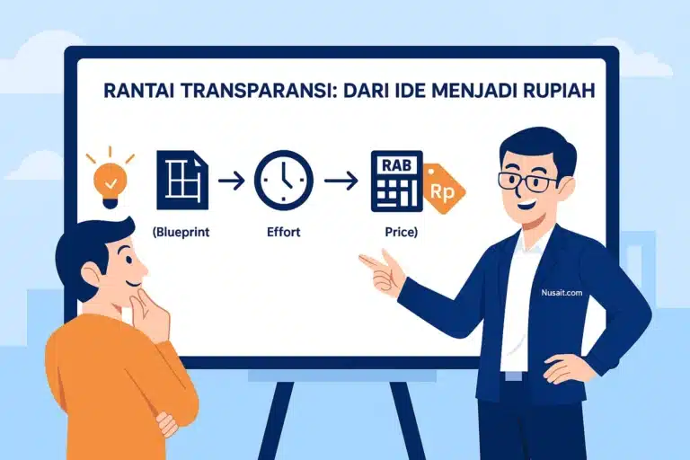 Ilustrasi nilai wajar aplikasi formula, konsultan IT menjelaskan formula nilai wajar aplikasi 4 langkah (fitur, effort, cost, price) kepada klien bisnis.