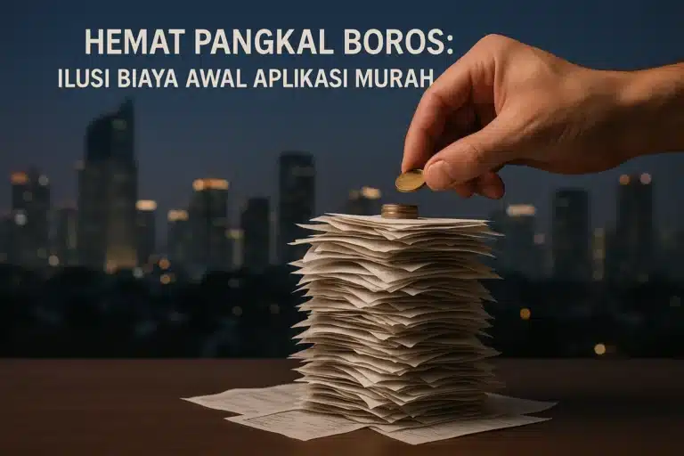Ilustrasi risiko aplikasi murah tangan menaruh koin di atas tumpukan tagihan tinggi di meja, dengan background kota Jakarta malam hari, simbol bahaya harga terlalu murah dan risiko aplikasi murah yang memicu biaya tersembunyi.