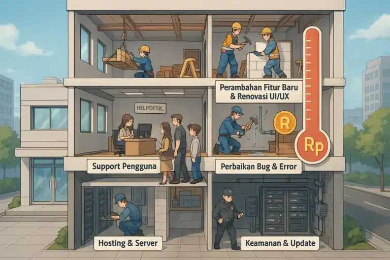 Ilustrasi gedung aplikasi yang menunjukkan biaya maintenance (renovasi fitur, perbaikan bug, server) tersembunyi di bagian dalam yang lebih kompleks.