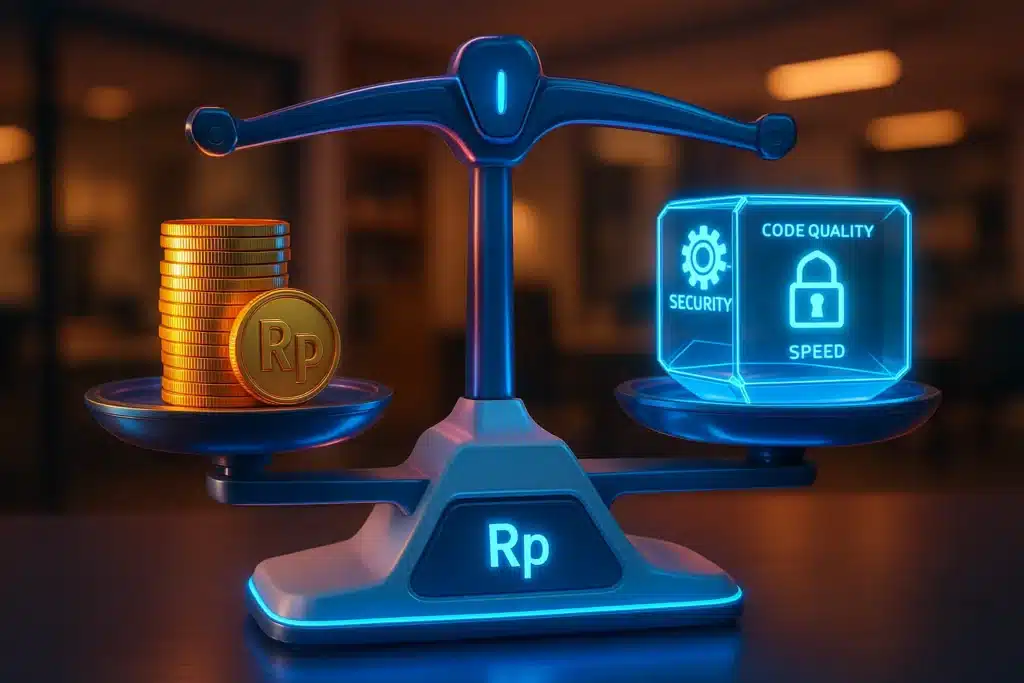 Timbangan digital futuristik yang seimbang antara tumpukan koin Rupiah dan kubus hologram berisi simbol kualitas aplikasi.