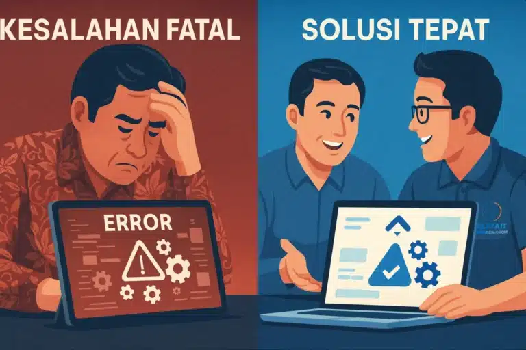 Ilustrasi kontras kesalahan memilih vendor aplikasi: pengusaha stres melihat aplikasi error di kiri, dan pengusaha sukses berdiskusi dengan konsultan IT terpercaya di kanan.