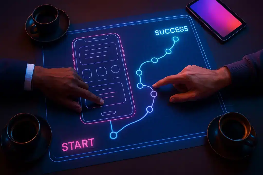 Dua pasang tangan menunjuk pada blueprint digital aplikasi di atas meja rapat, merencanakan milestone kesuksesan bersama.