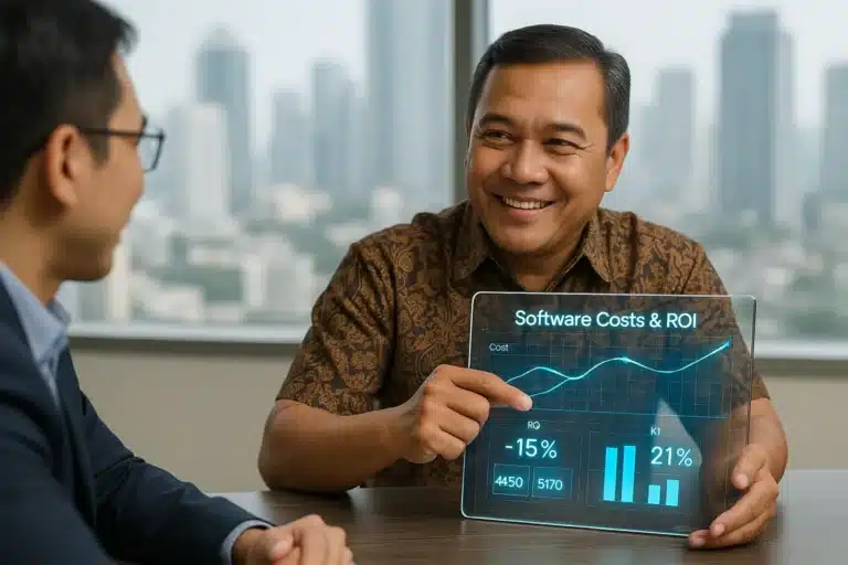Ilustrasi Revolusi Harga Aplikasi. Pengusaha Indonesia memegang tablet transparan yang menampilkan rincian harga software dan ROI di kantor modern Jakarta.
