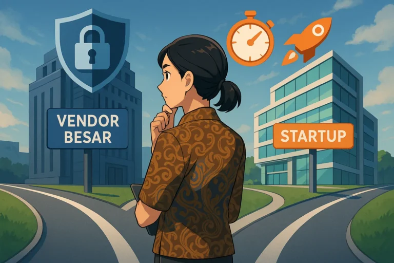 Ilustrasi vendor besar vs startup aplikasi seorang manajer IT di Indonesia sedang memilih antara vendor besar yang aman dan vendor startup yang efisien.