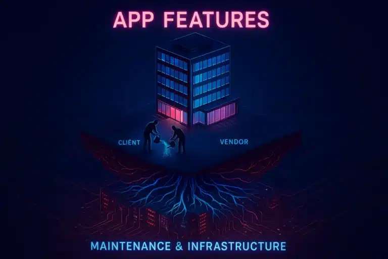 Ilustrasi Model Model Harga Aplikasi Win-Win isometrik gedung digital dengan pondasi server bawah tanah yang kompleks, dirawat bersama oleh vendor dan klien.