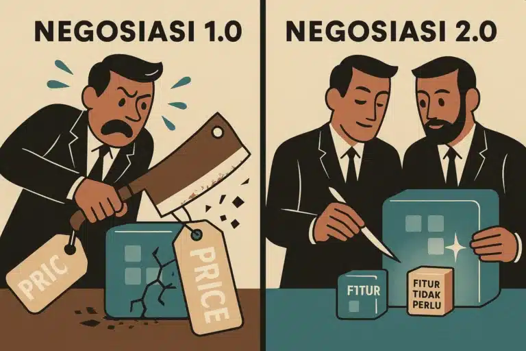 Ilustrasi perbandingan negosiasi biaya aplikasi: Taktik 1.0 memotong harga pakai golok merusak kualitas, Taktik 2.0 memotong fitur pakai pisau bedah menjaga kualitas.