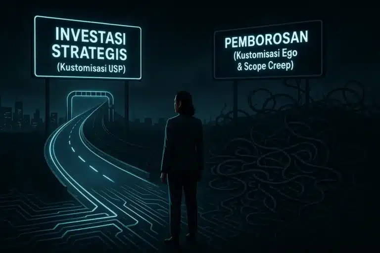 Ilustrasi kustomisasi overcharge seorang pebisnis di persimpangan jalan digital, memilih antara jalur "Investasi Strategis" yang lurus dan jalur "Pemborosan" yang kusut.