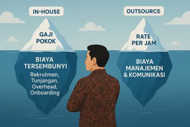 Infografis perbandingan biaya rate per hour pengembang TCO developer in-house vs outsource, menunjukkan biaya tersembunyi seperti gunung es.