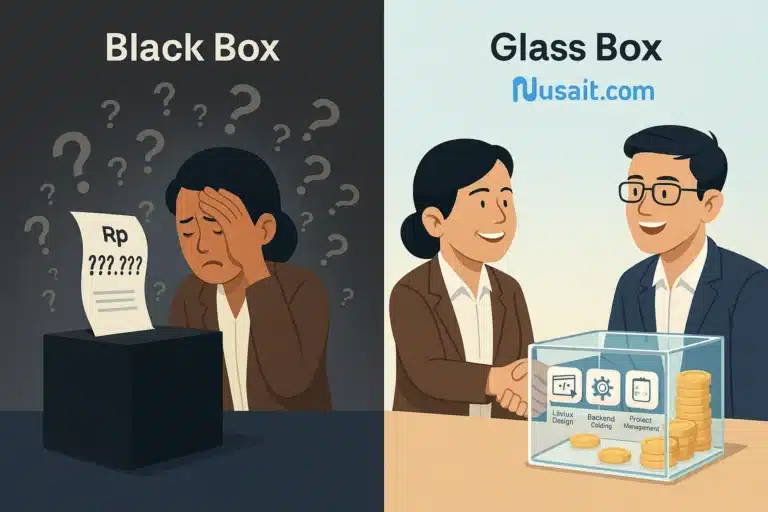 Ilustrasi perbandingan transparansi biaya pengembangan aplikasi 'kotak hitam' yang membingungkan vs transparansi 'kotak kaca' dari developer IT profesional.