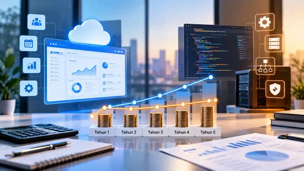 Ilustrasi biaya langganan SaaS dibanding investasi aplikasi custom selama lima tahun dalam proses transformasi digital perusahaan.