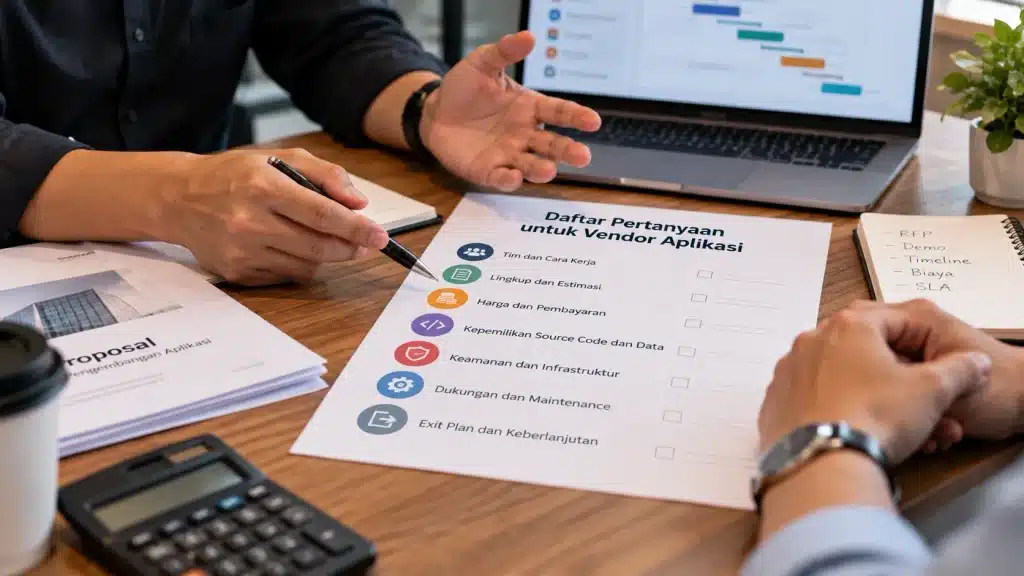 Checklist pertanyaan untuk vendor aplikasi yang digunakan perusahaan untuk mengevaluasi proposal, harga, keamanan data, source code, SLA, maintenance, dan exit plan sebelum tanda tangan kontrak.