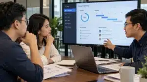 Tim perusahaan sedang berdiskusi dengan vendor aplikasi sebelum menandatangani kontrak pengembangan sistem untuk mengevaluasi proposal, biaya, dan ruang lingkup proyek.