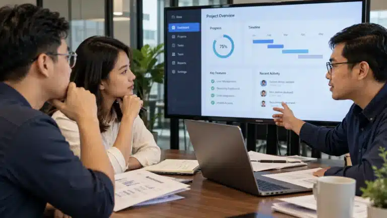 Tim perusahaan sedang berdiskusi dengan vendor aplikasi sebelum menandatangani kontrak pengembangan sistem untuk mengevaluasi proposal, biaya, dan ruang lingkup proyek.